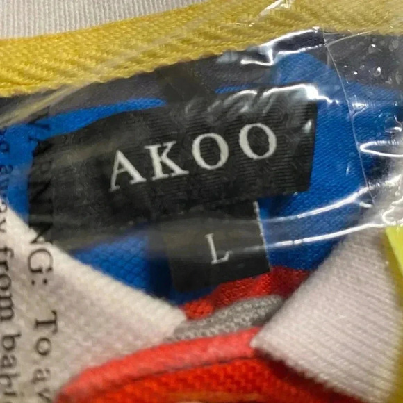 AKOO Polo Green Blue Red Navy White Multicolor Stripe Shirt White Log L - Picture 4 of 7